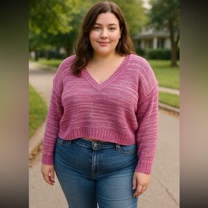 Uncharted Threads Women’s XL Pink Knit V-Neck Crop Sweater Soft Girl Aesthetic